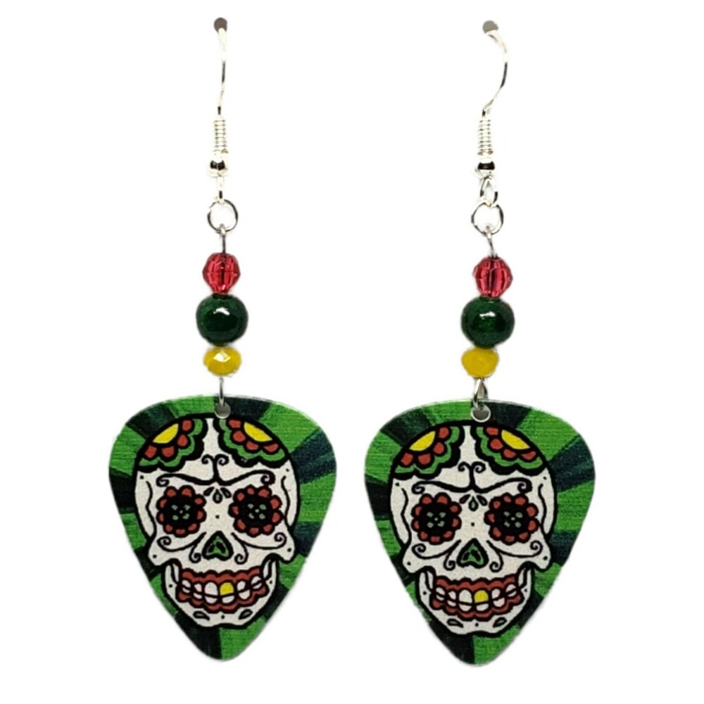 Colorful Sugar Skull on Guitar Pick Beaded Earrings - Handmade in USA New